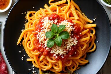 Gambar 'flat-lay' hidangan pasta yang menyelerakan